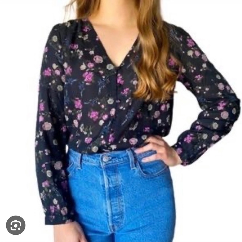 Lucky Brand Printed Button up v-neck Blouse Black Floral 100% modal large